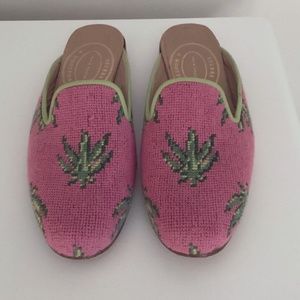 Stubbs & Wooten pink and green needlepoint mules